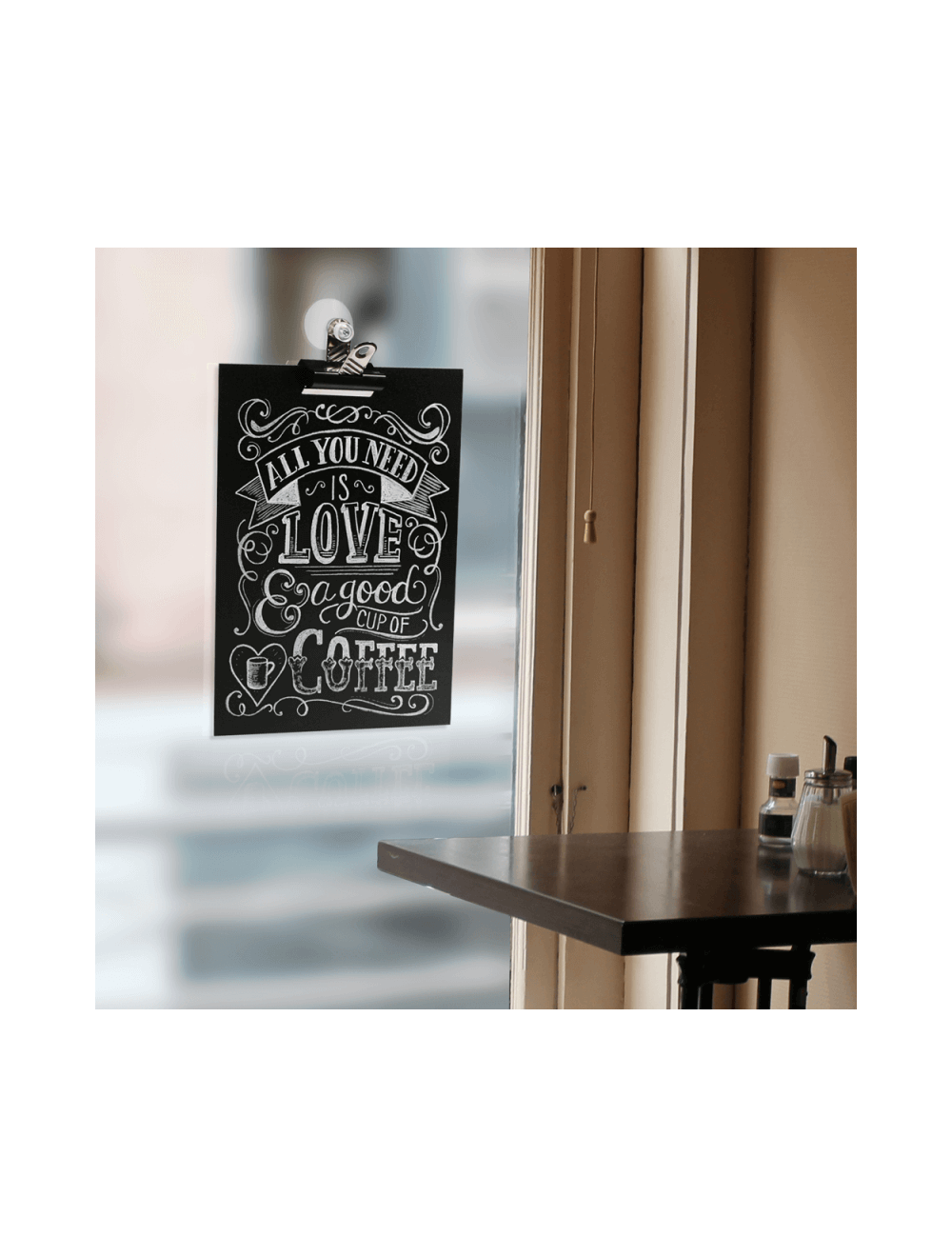 Window display chalkboard with bulldog clip